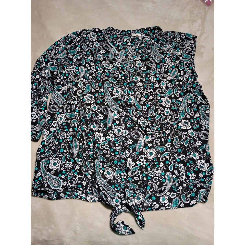 Talbots Woman 3X Blouse Floral Paisley 3/4 Sleeve Front Tie semi sheer button